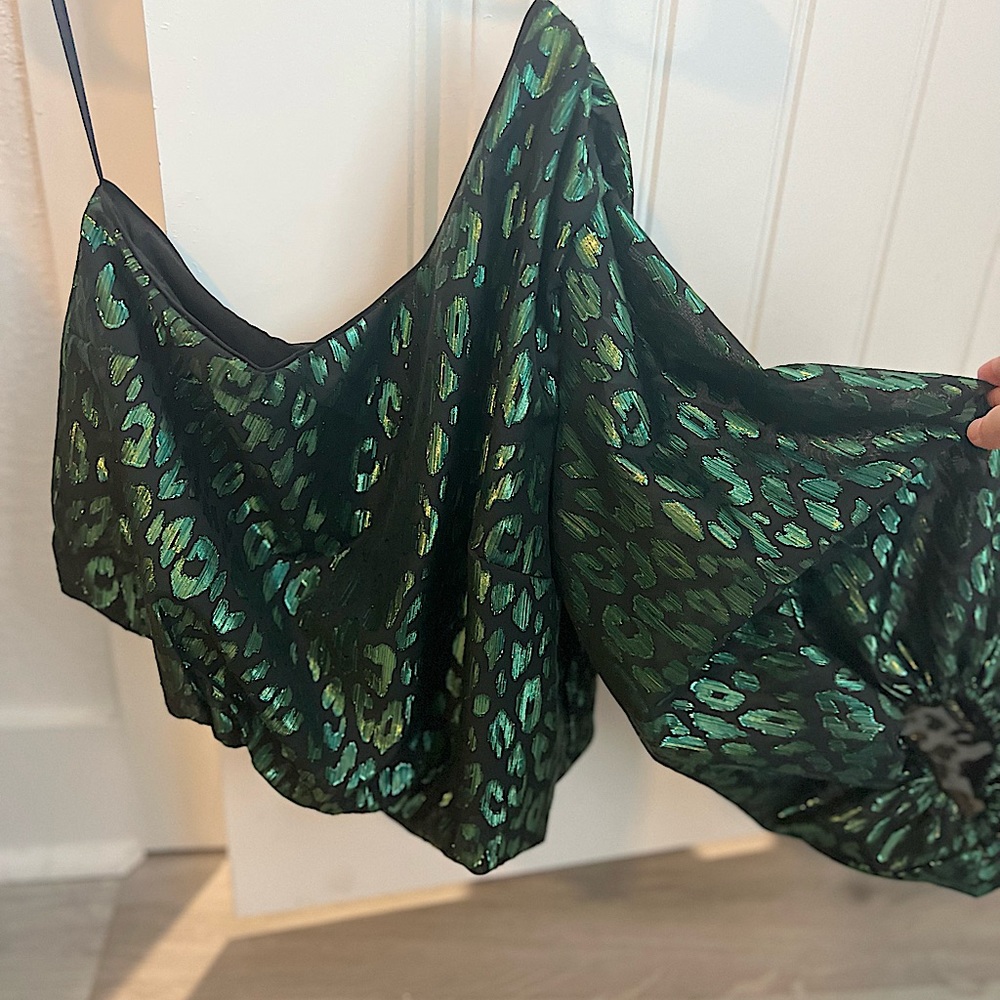 DOBE brand, green and black cheetah, one sleeve top